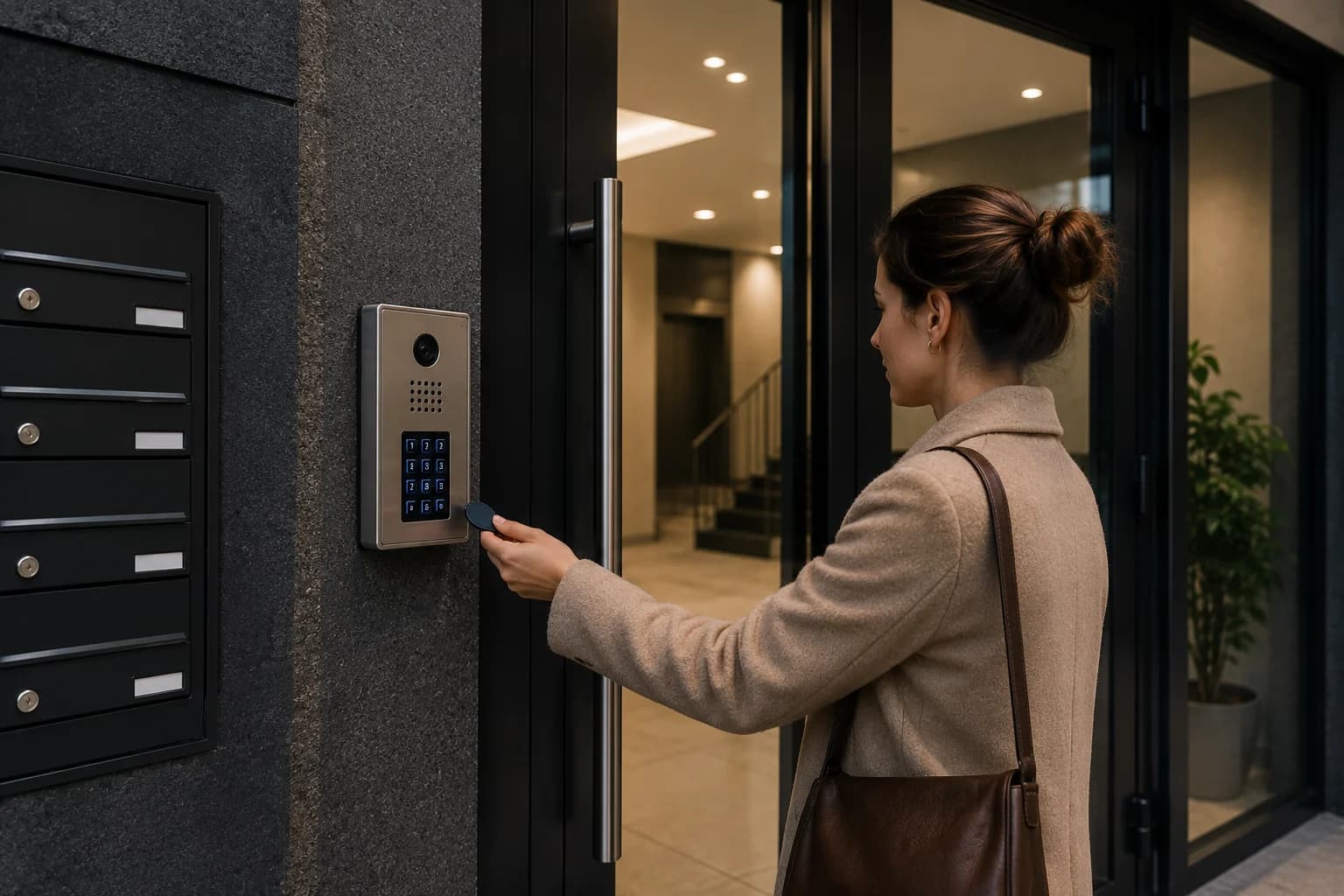 Modern entrance with electronic door access control