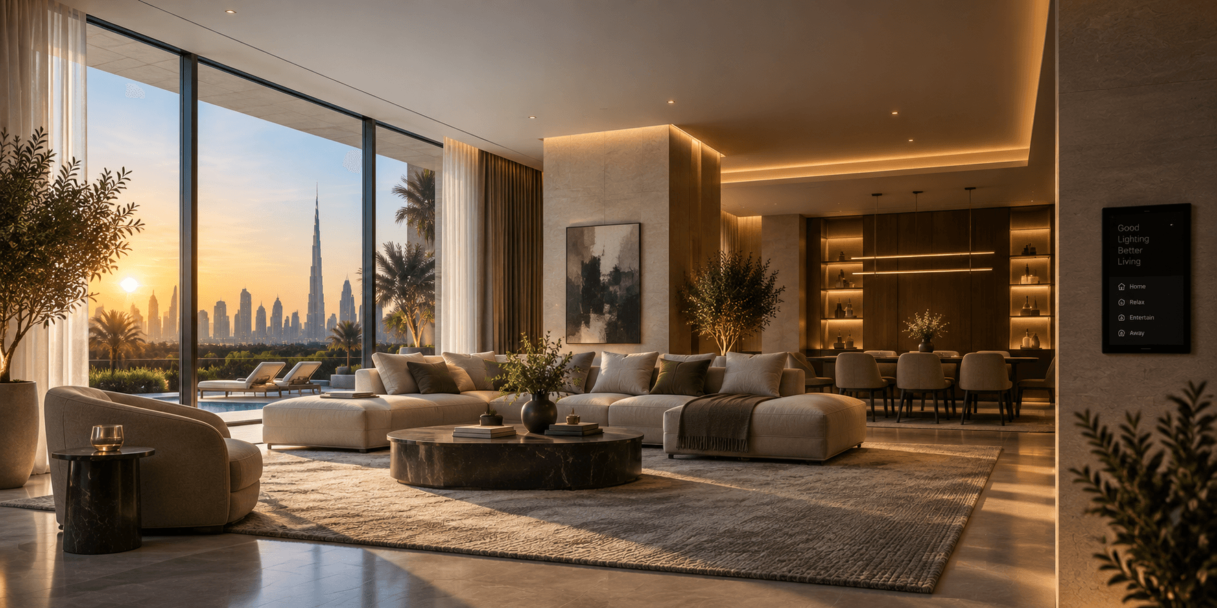 Interior where artificial lighting responds to natural daylight